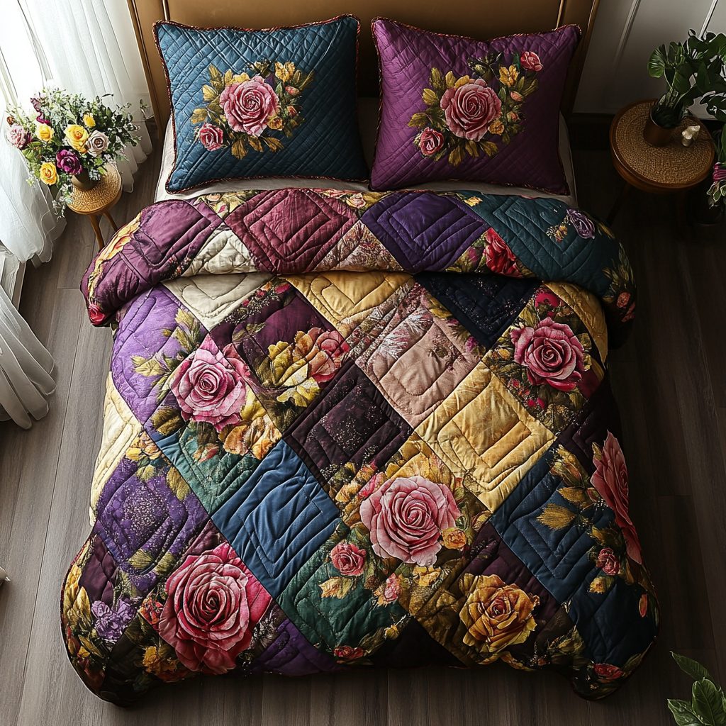 Rosy Patchwork quilted 3-piece bedding set on a made bed in a farmhouse bedroom