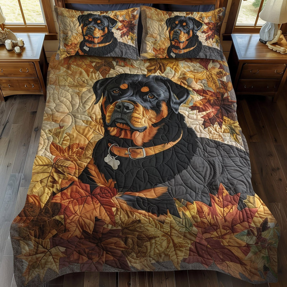 Rottweiler Autumn Breeze quilted 3-piece bedding set on a made bed with two matching pillow shams