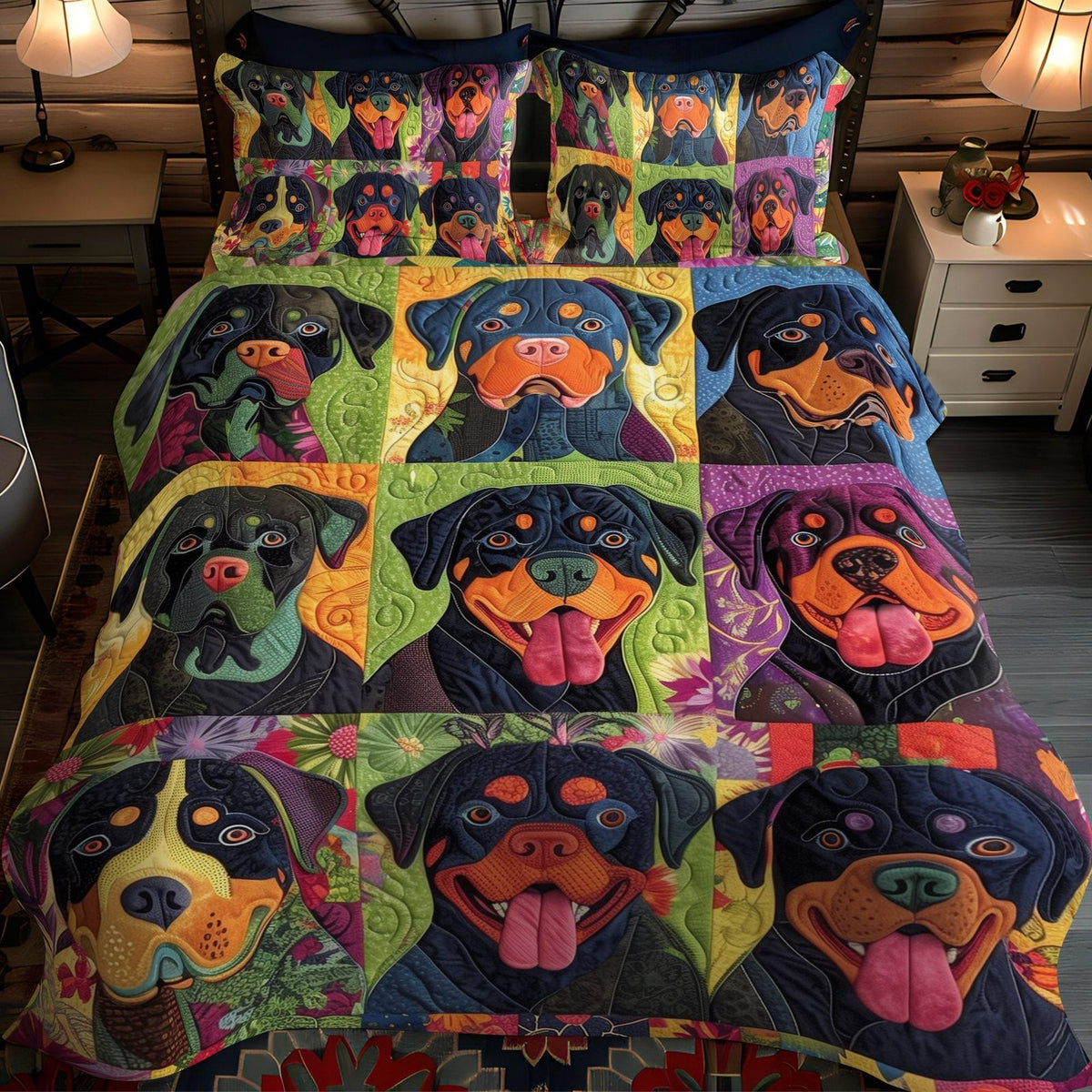 Rottweiler Blossom quilted 3-piece bedding set on a made bed with two matching pillow shams