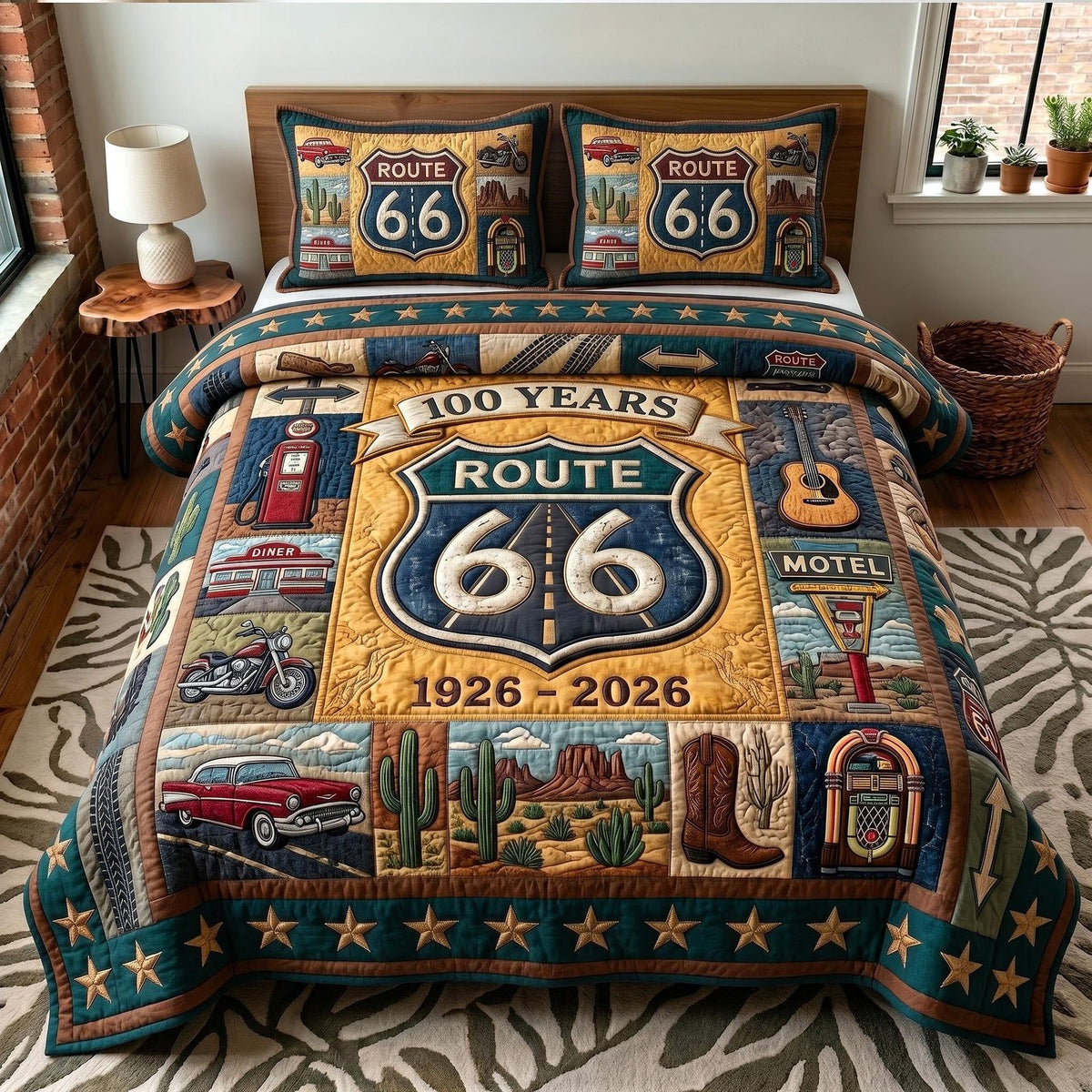 Route 66 Centennial quilted 3-piece bedding set on a made bed with two matching pillow shams