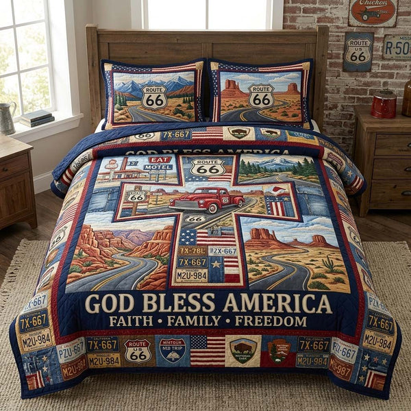 Route 66 Faith quilted 3-piece bedding set on a made bed in a softly lit bedroom