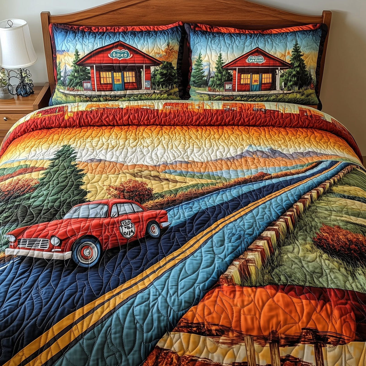 Route 66 quilted 3-piece bedding set on a made bed with two matching pillow shams