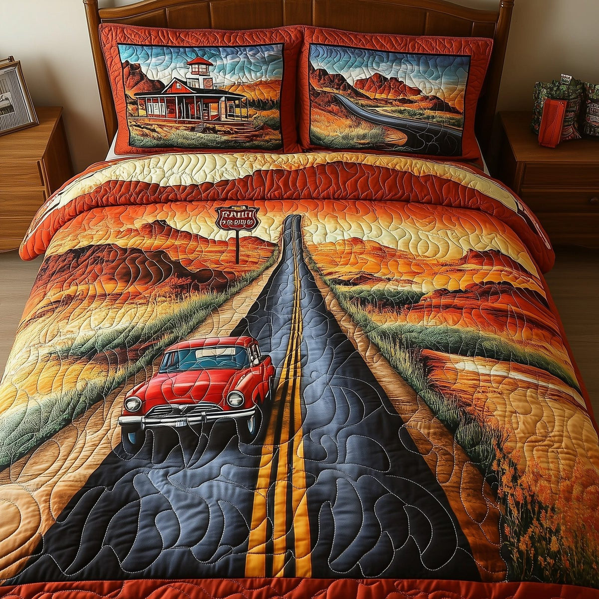 Route 66 quilted 3-piece bedding set on a made bed with two matching pillow shams