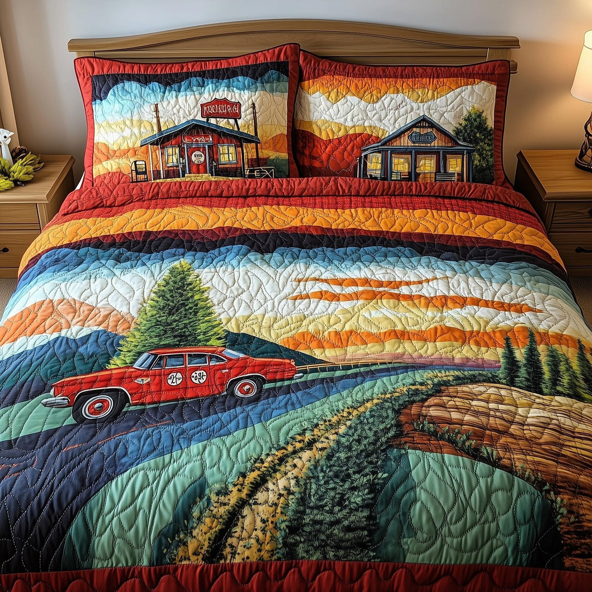 Route 66 quilted 3-piece bedding set on a made bed with two matching pillow shams
