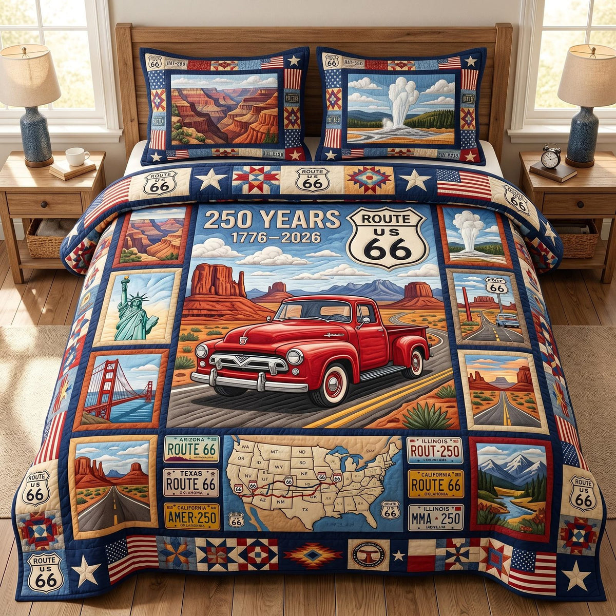 Route 66 quilted 3-piece bedding set on a made bed with two matching pillow shams