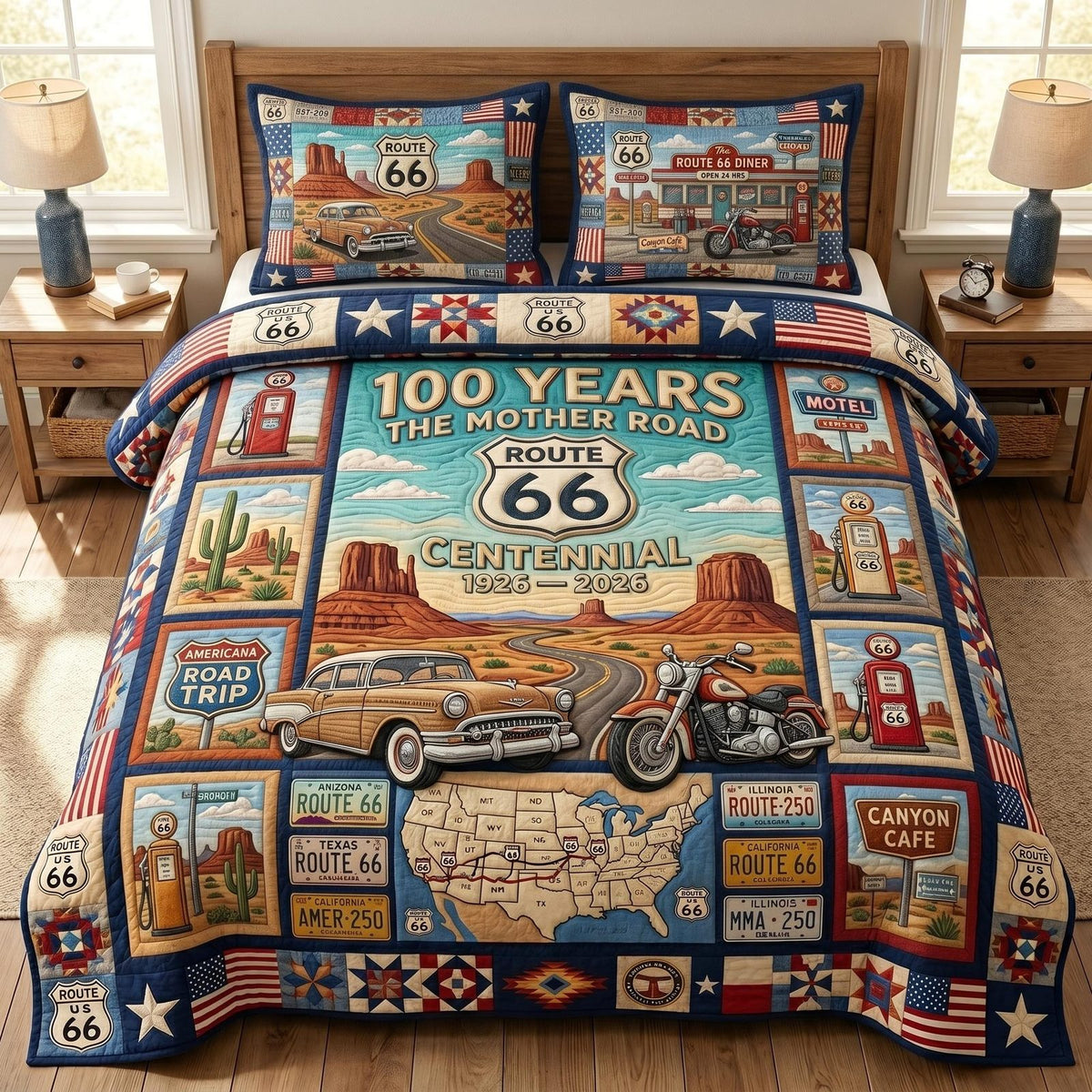 Route 66 quilted 3-piece bedding set on a made bed with two matching pillow shams