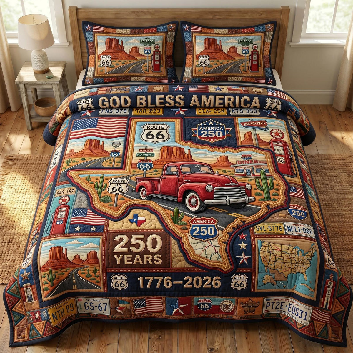 Route 66 quilted 3-piece bedding set on a made bed with two matching pillow shams