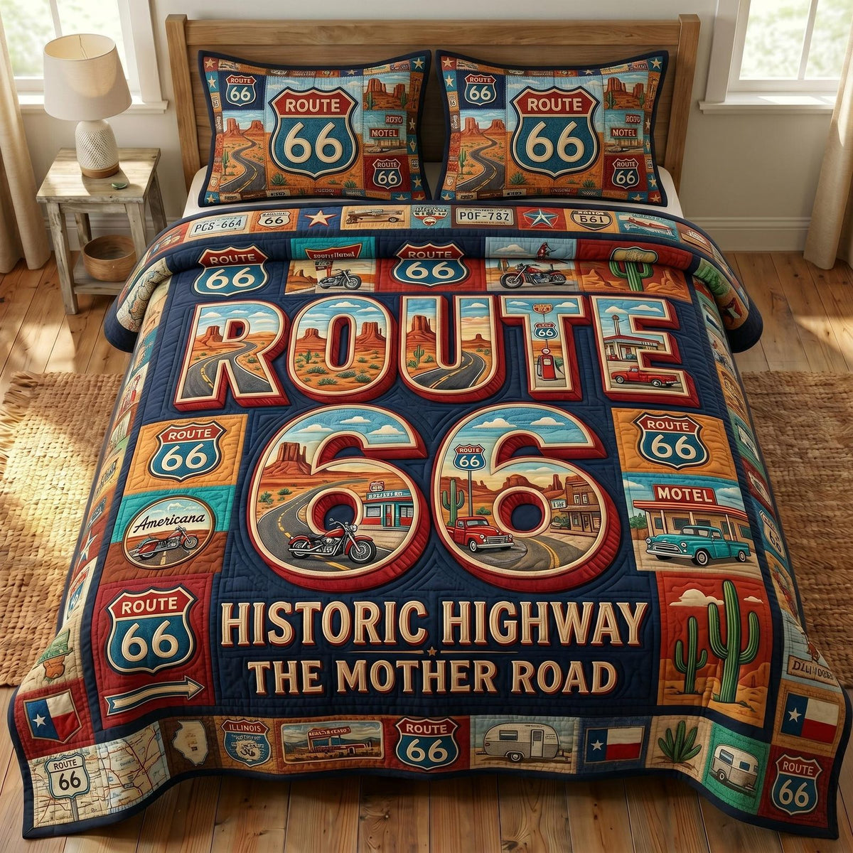 Route 66 quilted 3-piece bedding set on a made bed with two matching pillow shams