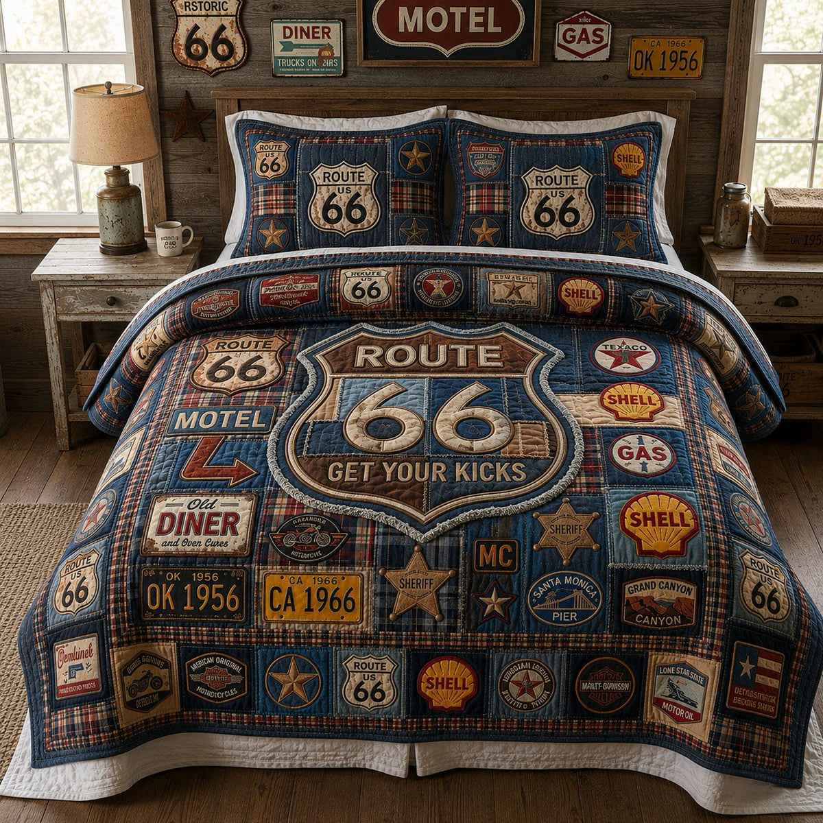 Route 66 Vintage Collection quilted 3-piece bedding set on a made bed in a farmhouse bedroom