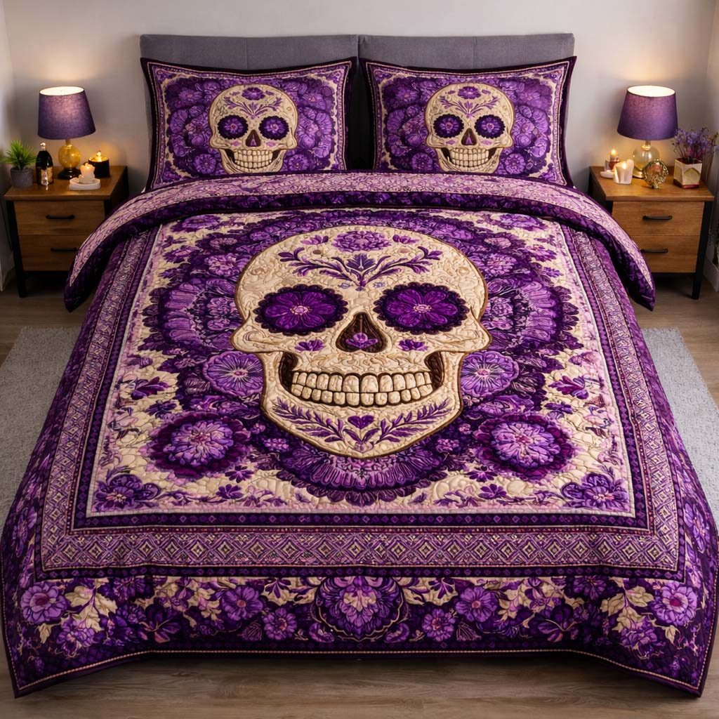 Royal Amethyst Skull quilted 3-piece bedding set on a made bed against a dark styled interior