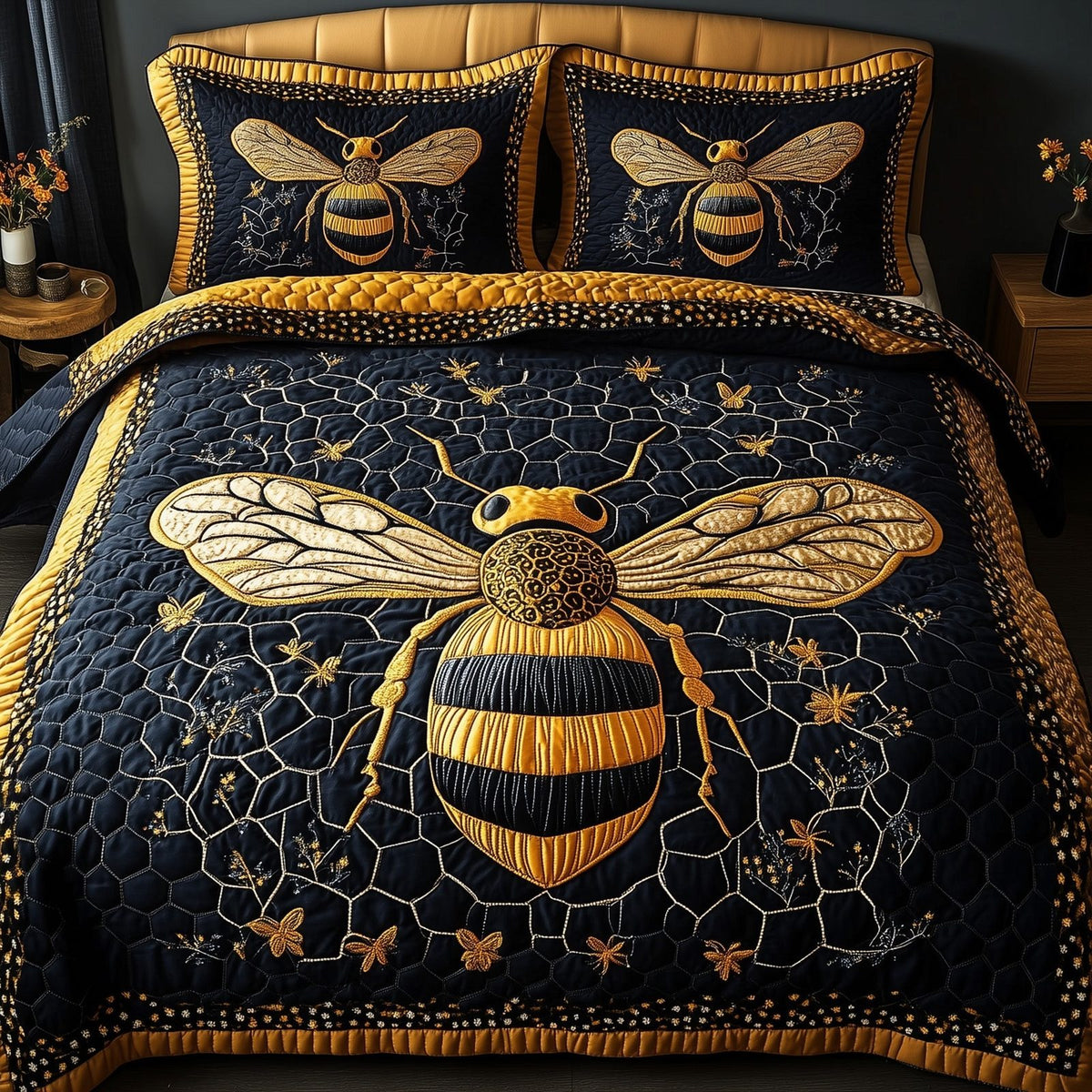 Royal Bee quilted 3-piece bedding set on a made bed with two matching pillow shams