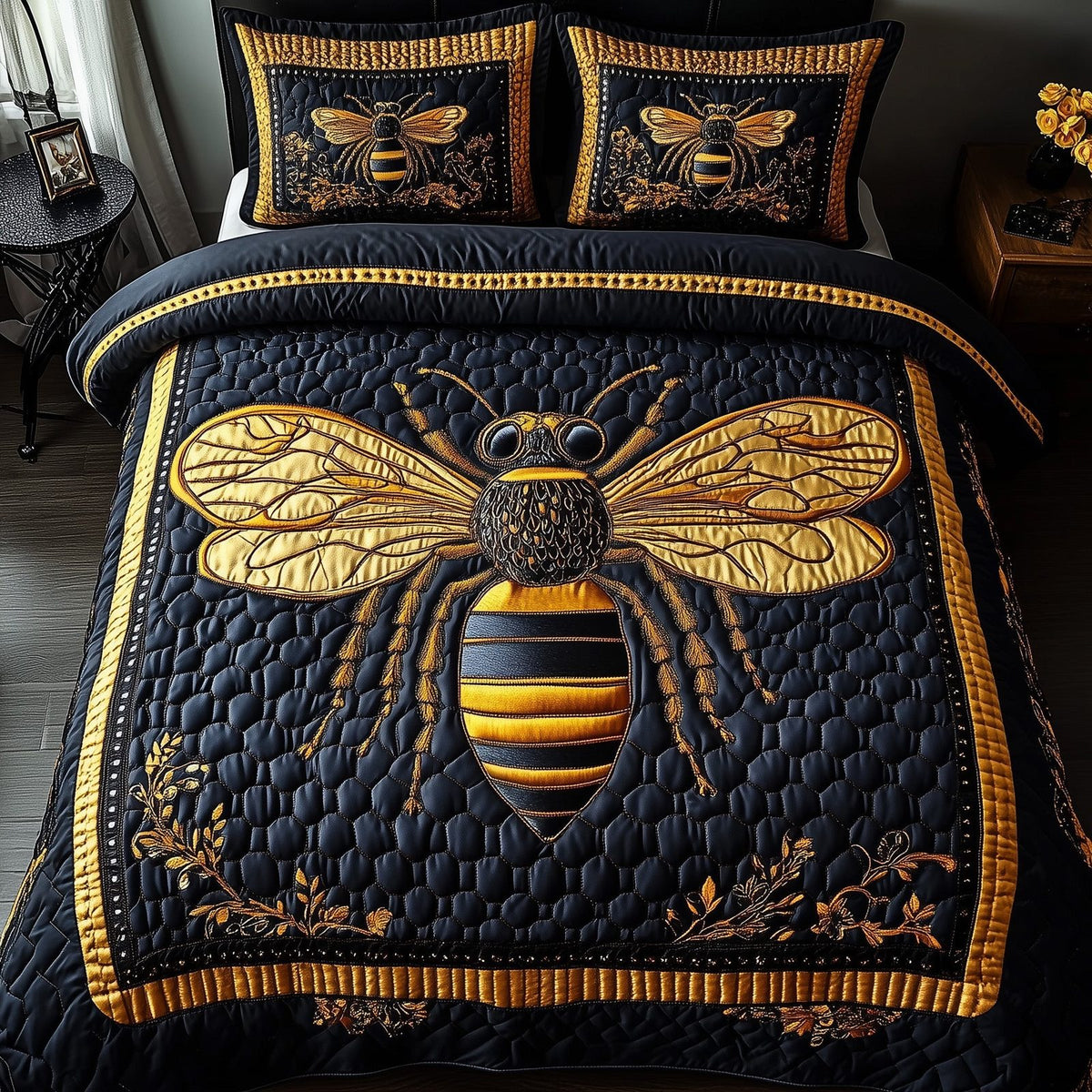 Royal Bee quilted 3-piece bedding set on a made bed with two matching pillow shams