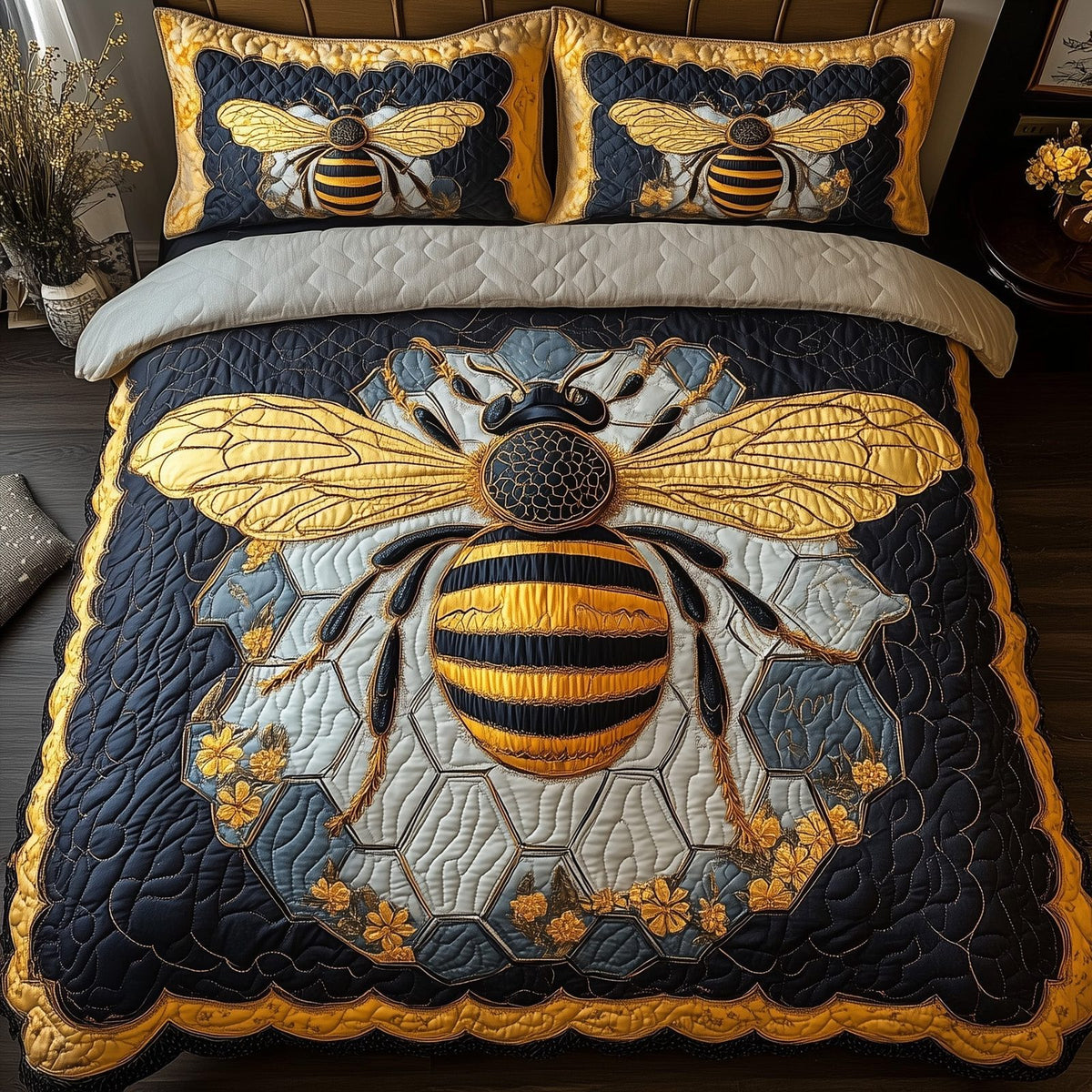 Royal Bee quilted 3-piece bedding set on a made bed with two matching pillow shams