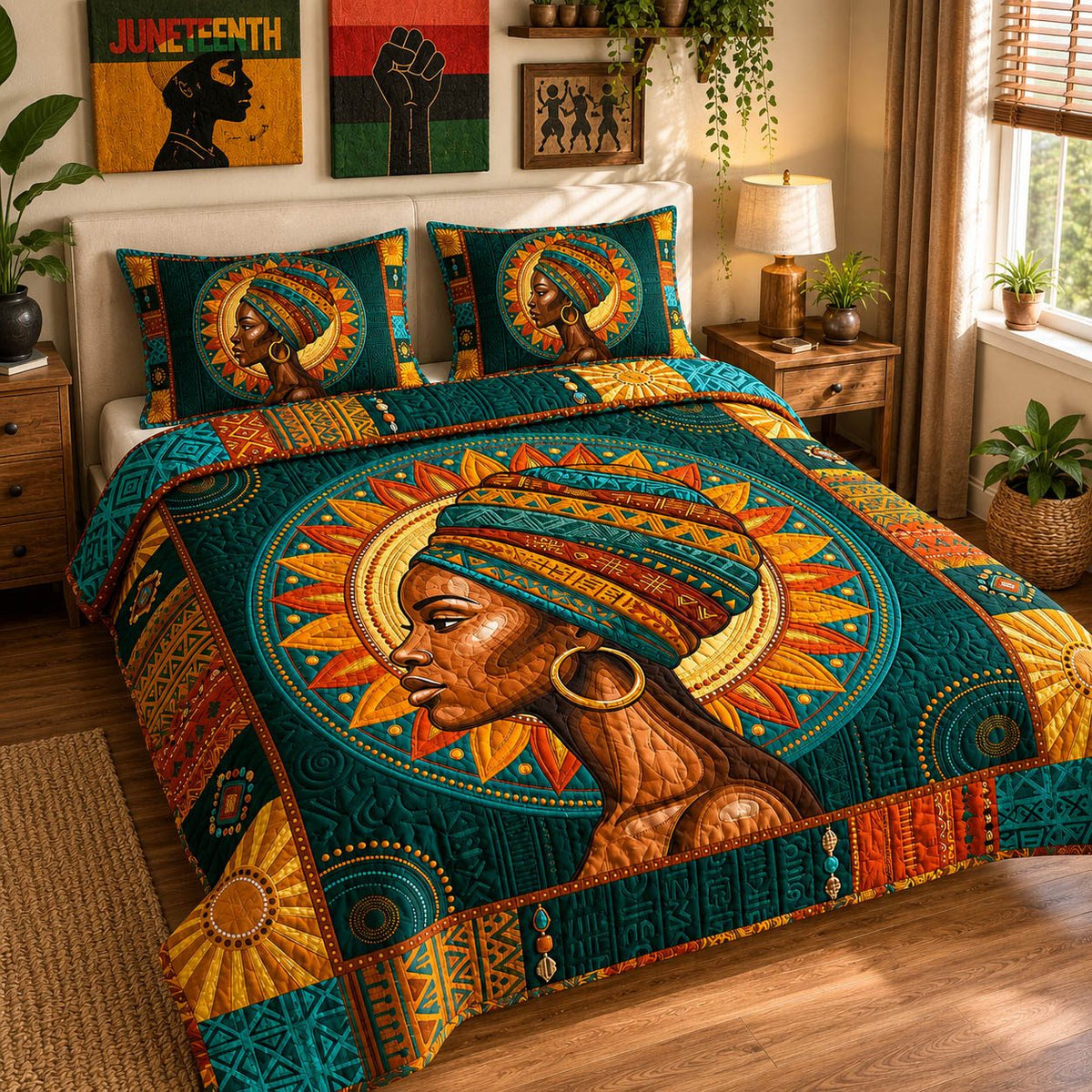 Royal Black Queen quilted 3-piece bedding set on a made bed with two matching pillow shams