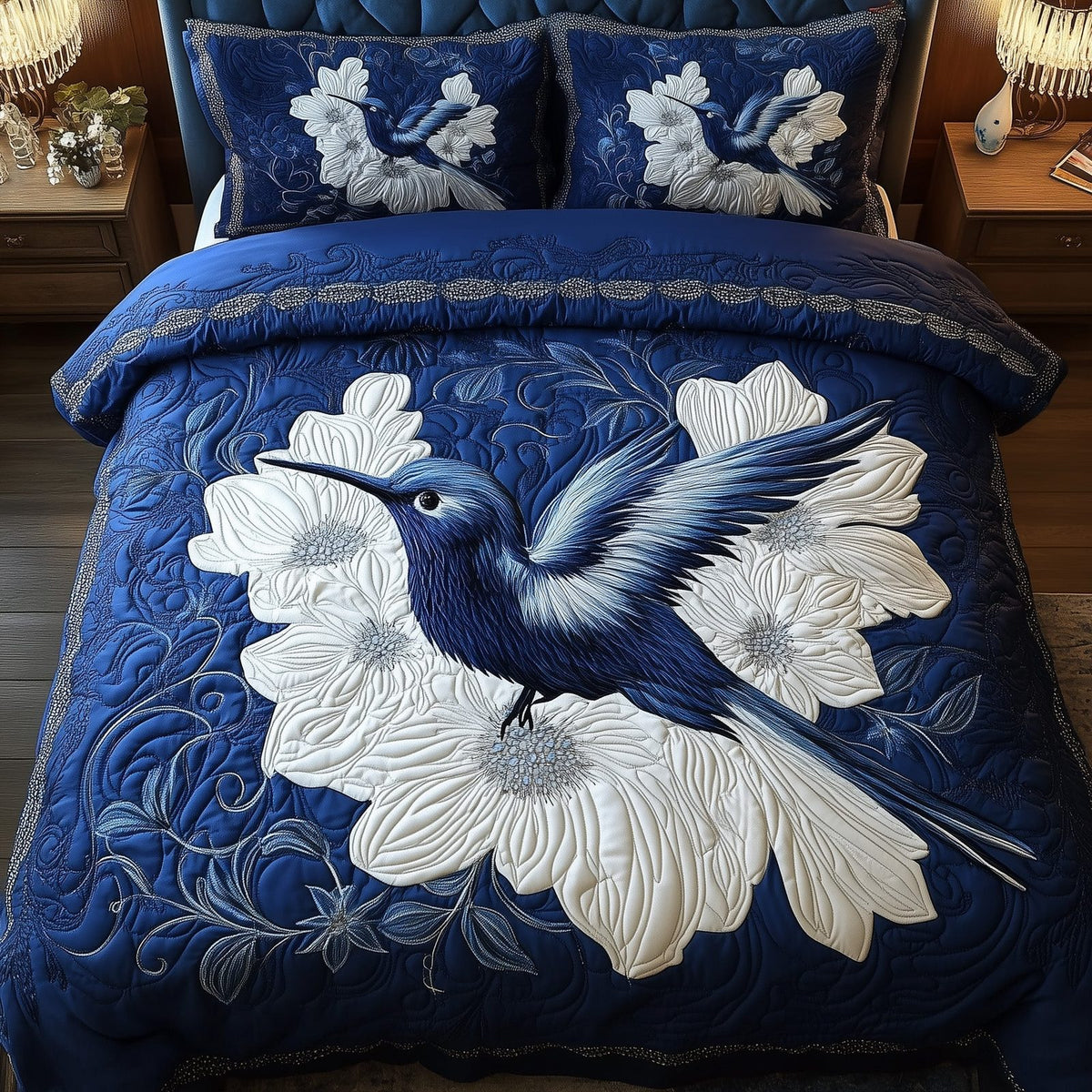 Royal Blue Hummingbird quilted 3-piece bedding set on a made bed with two matching pillow shams