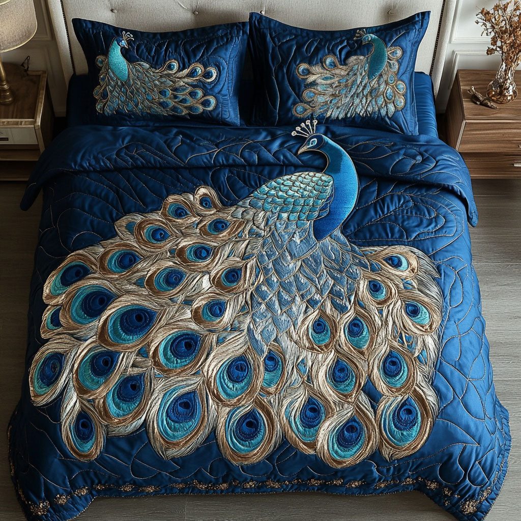 Royal Blue Splendor quilted 3-piece bedding set on a made bed with two matching pillow shams