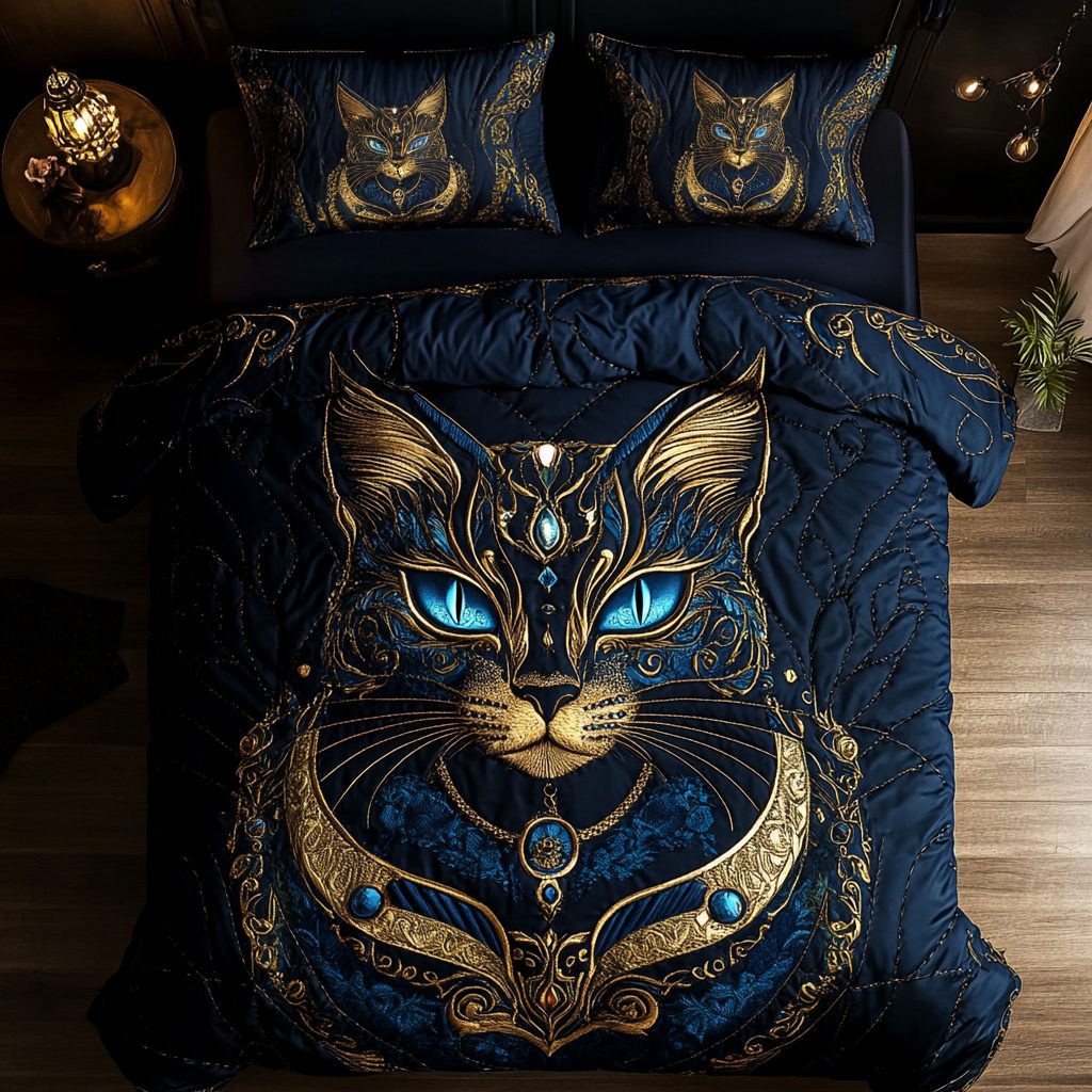 Royal Cat quilted 3-piece bedding set on a made bed with two matching pillow shams