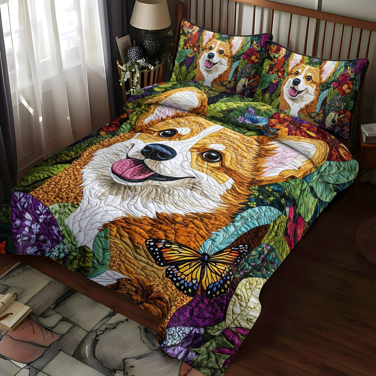Royal Corgi Charm quilted 3-piece bedding set on a made bed with two matching pillow shams