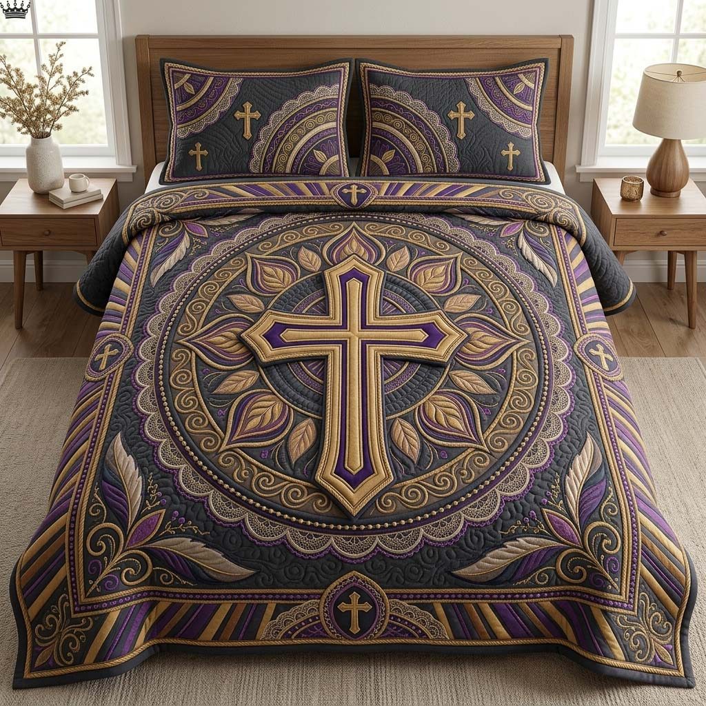 Royal Cross Grace quilted 3-piece bedding set on a made bed in a softly lit bedroom