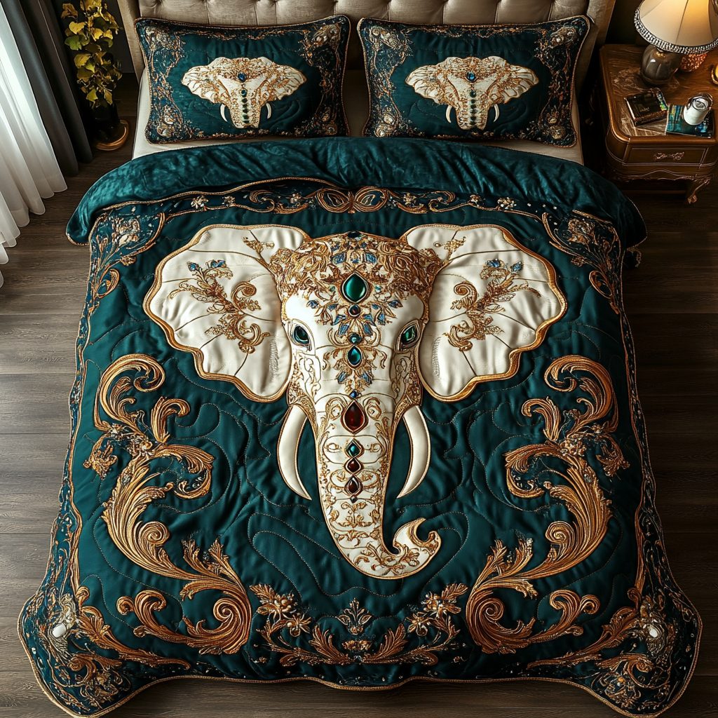 Royal Elephant quilted 3-piece bedding set on a made bed with two matching pillow shams