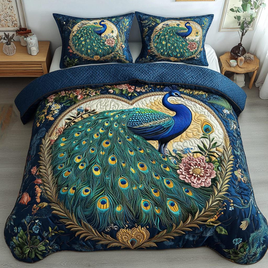 Royal Feathers quilted 3-piece bedding set on a made bed with two matching pillow shams