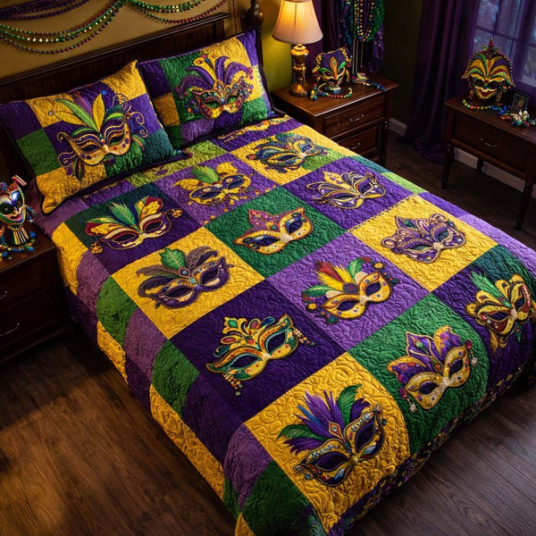 Royal Masquerade quilted 3-piece bedding set on a made bed with two matching pillow shams