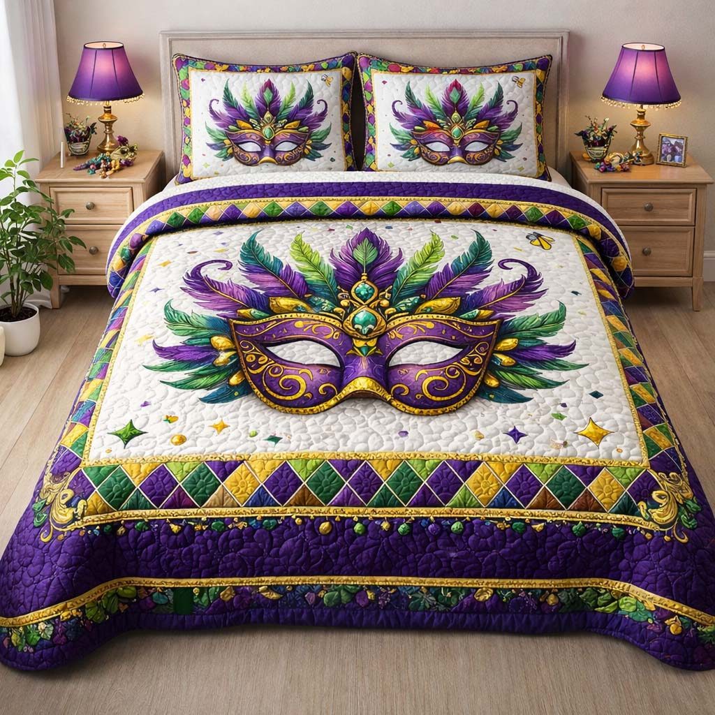 Royal Masquerade quilted 3-piece bedding set on a made bed with two matching pillow shams
