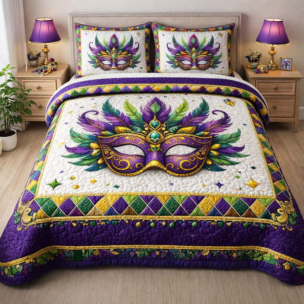 Royal Masquerade quilted 3-piece bedding set on a made bed with two matching pillow shams
