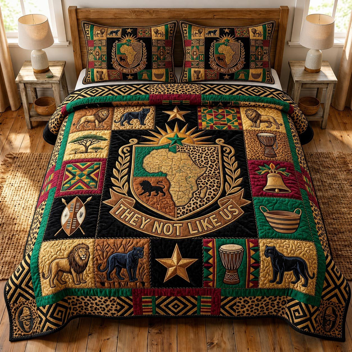 Royal Melanin quilted 3-piece bedding set on a made bed with two matching pillow shams