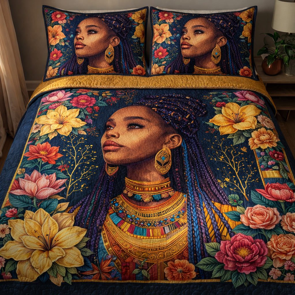 Royal Nubian Bloom quilted 3-piece bedding set on a made bed with two matching pillow shams