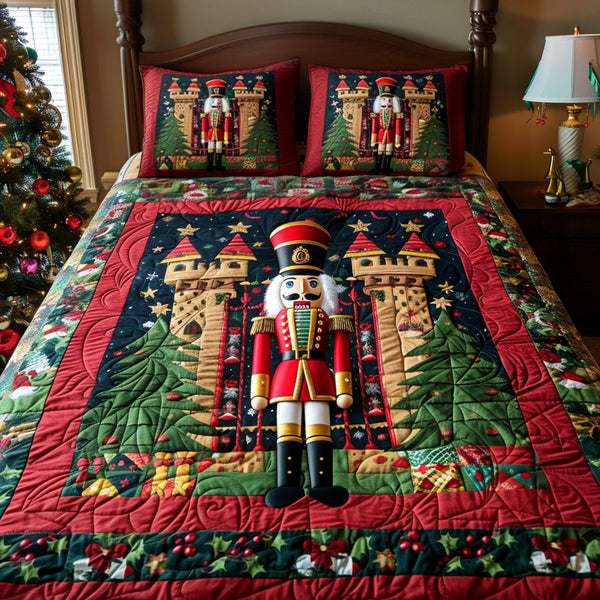 Royal Nutcracker Charm quilted 3-piece bedding set on a made bed in a winter-styled bedroom