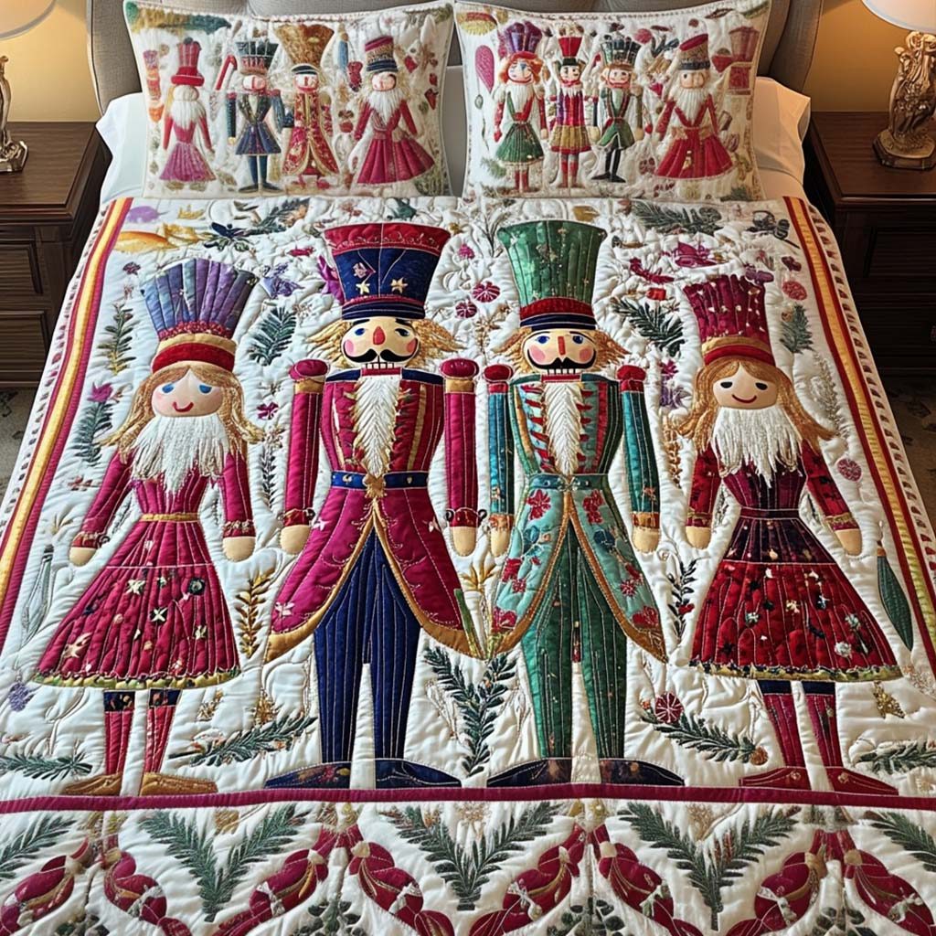 Royal Nutcracker Dream quilted 3-piece bedding set on a made bed in a winter-styled bedroom