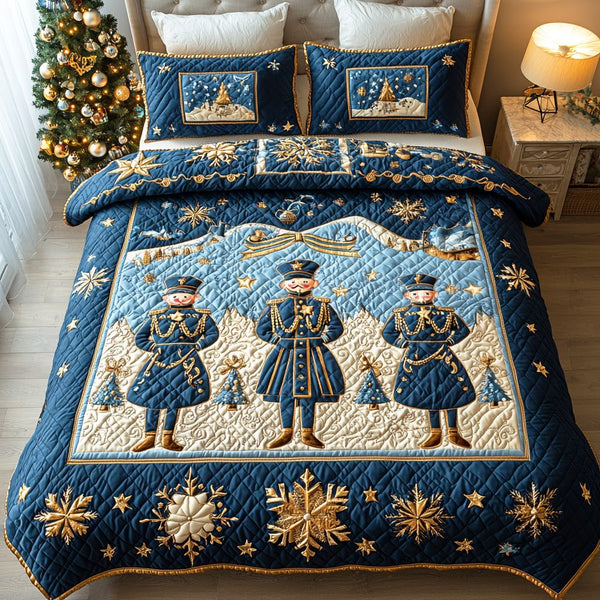 Royal Nutcracker quilted 3-piece bedding set on a made bed in a winter-styled bedroom