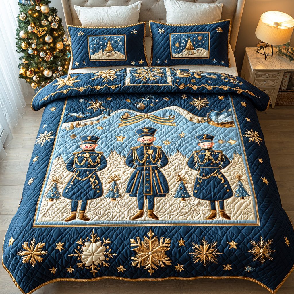 Royal Nutcracker quilted 3-piece bedding set on a made bed in a winter-styled bedroom