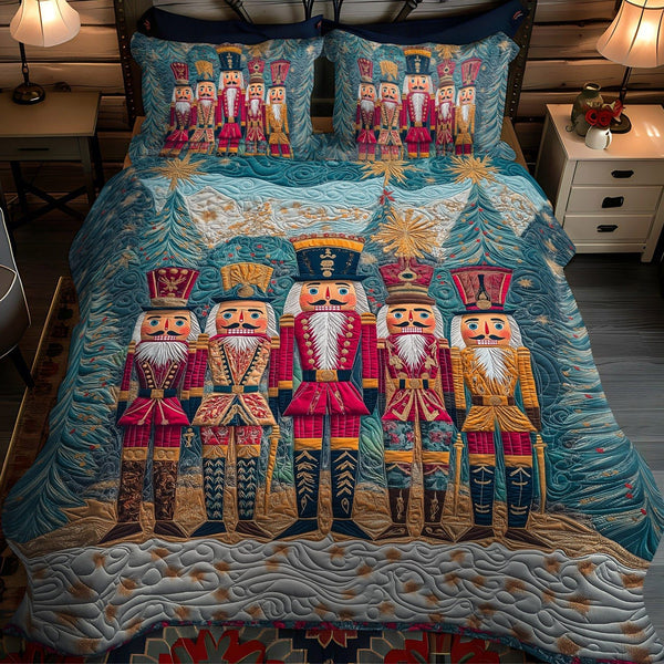 Royal Nutcracker quilted 3-piece bedding set on a made bed in a winter-styled bedroom