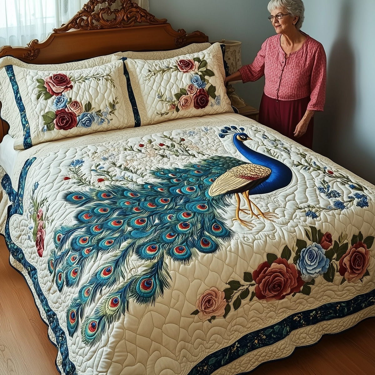 Royal Peacock quilted 3-piece bedding set on a made bed with two matching pillow shams