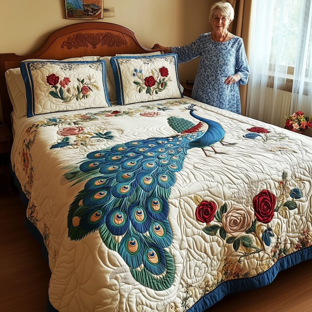 Royal Peacock quilted 3-piece bedding set on a made bed with two matching pillow shams