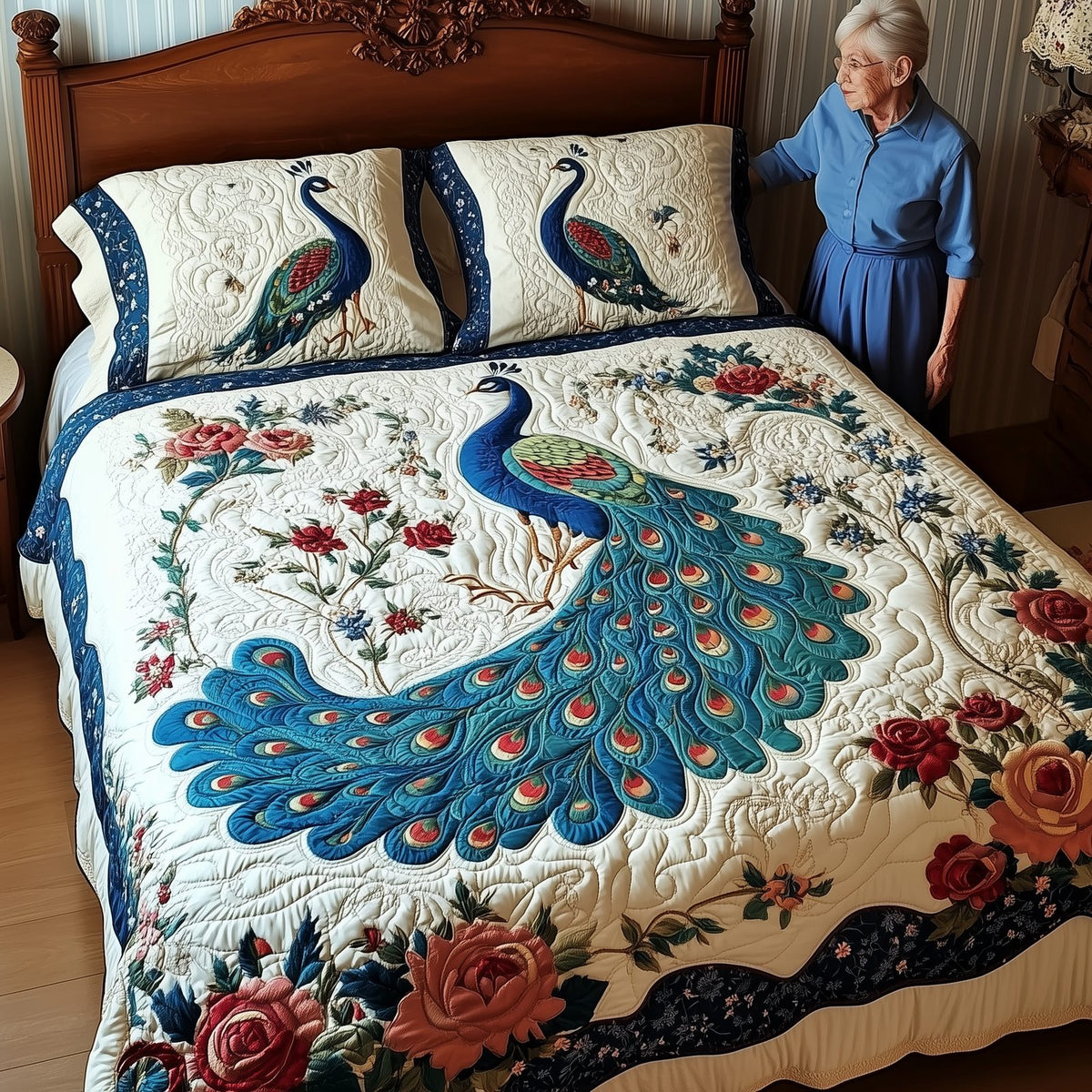 Royal Peacock quilted 3-piece bedding set on a made bed with two matching pillow shams