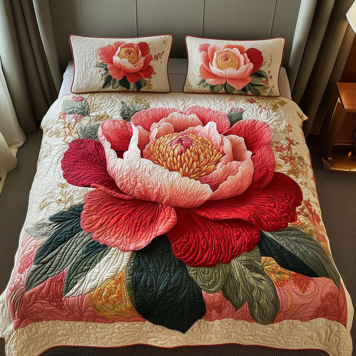 Royal Peony quilted 3-piece bedding set on a made bed with two matching pillow shams
