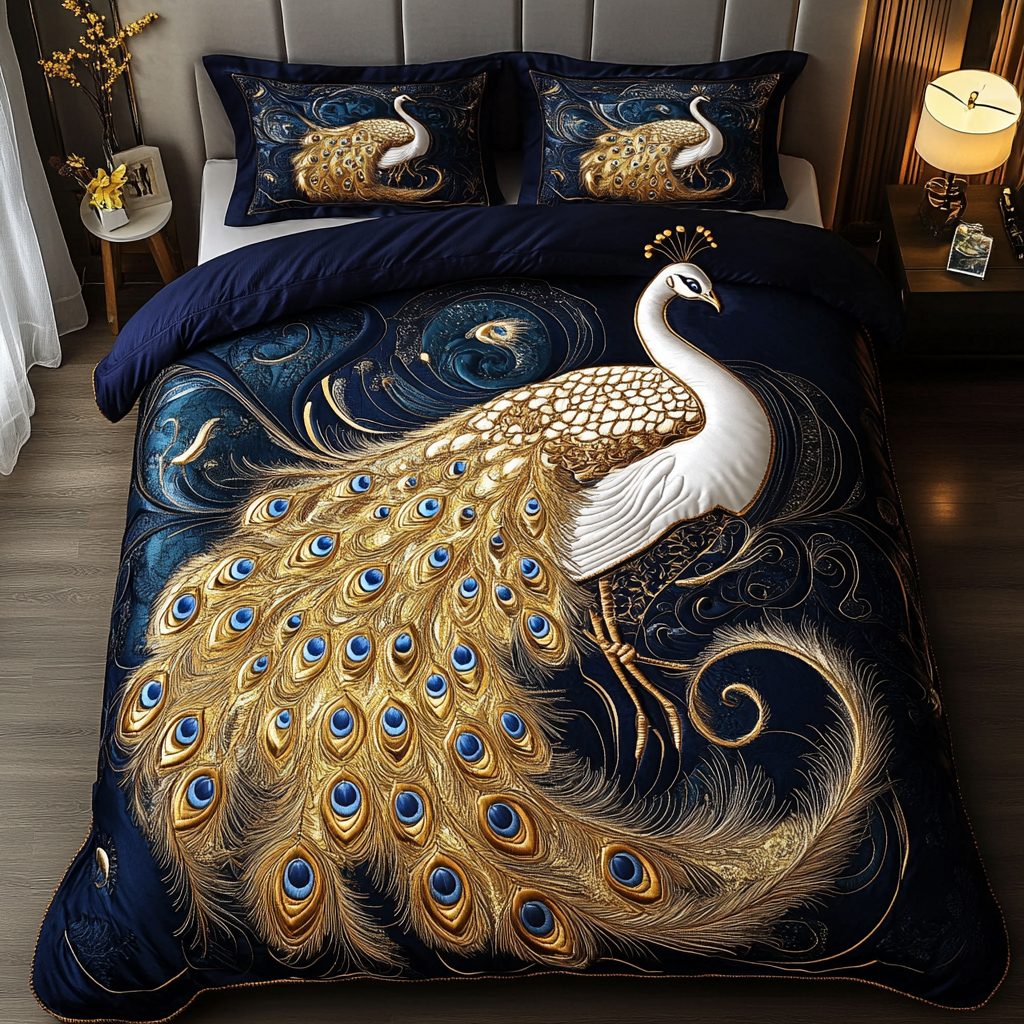 Royal Plume quilted 3-piece bedding set on a made bed with two matching pillow shams