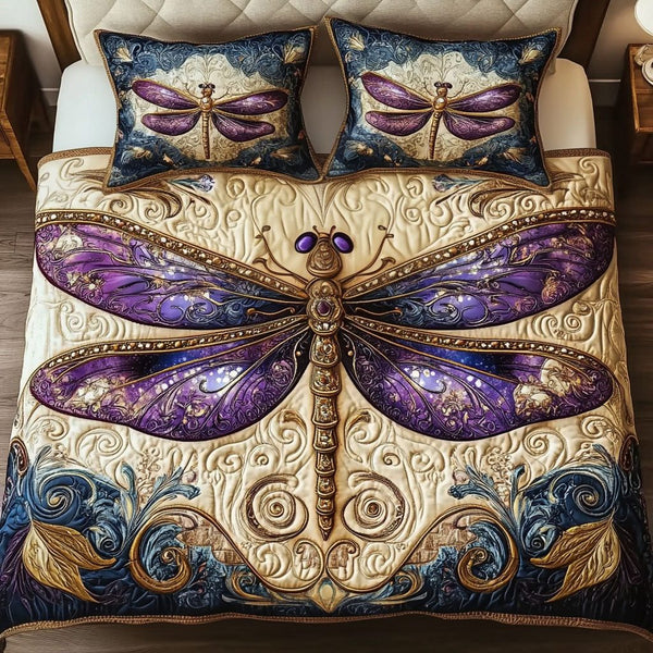 Royal Purple Bliss quilted 3-piece bedding set on a made bed with two matching pillow shams