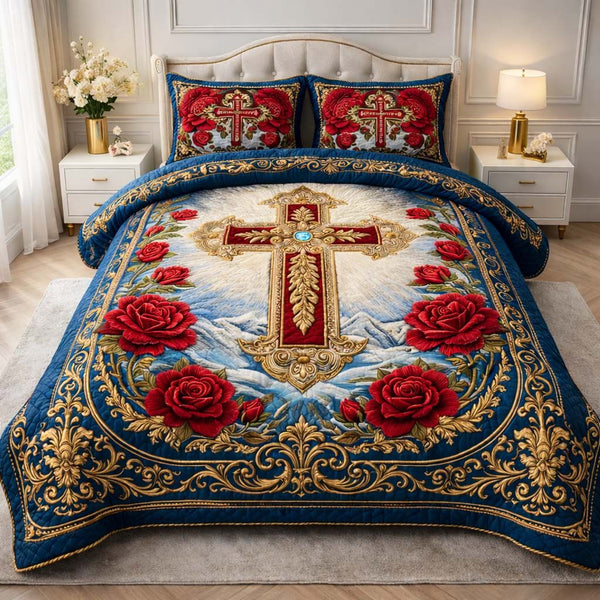 Royal Rose Cross quilted 3-piece bedding set on a made bed in a softly lit bedroom
