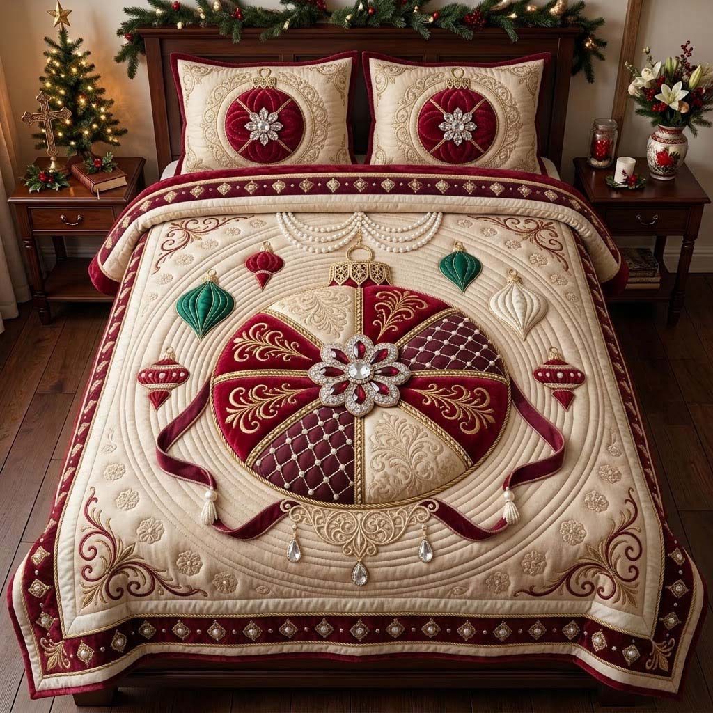 Royal Ruby Ornament Symphony quilted 3-piece bedding set on a made bed with two matching pillow shams