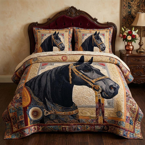 Royal Stallion quilted 3-piece bedding set on a made bed in a rustic timber bedroom