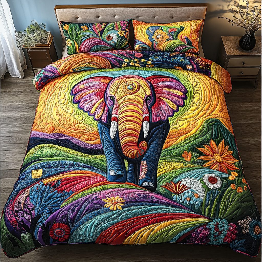Royal Stomp quilted 3-piece bedding set on a made bed with two matching pillow shams