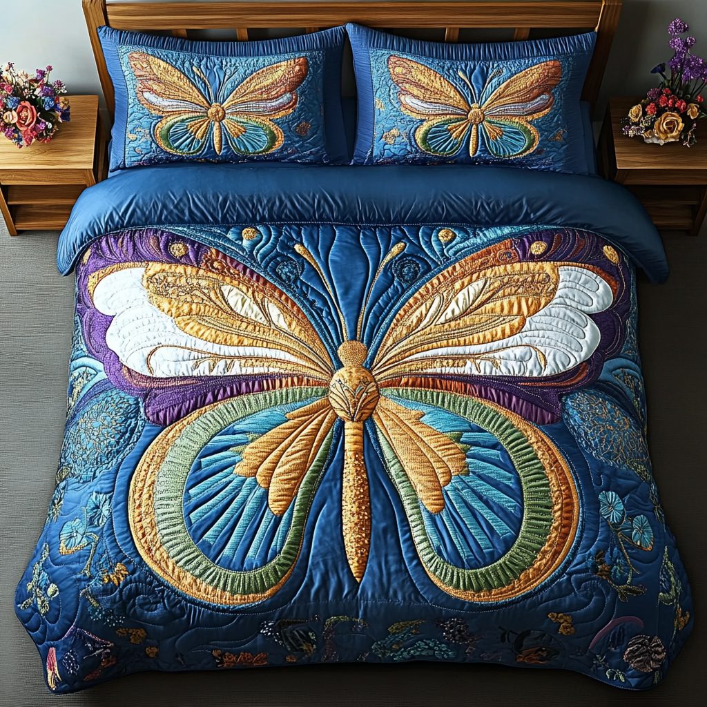 Royal Wings quilted 3-piece bedding set on a made bed with two matching pillow shams