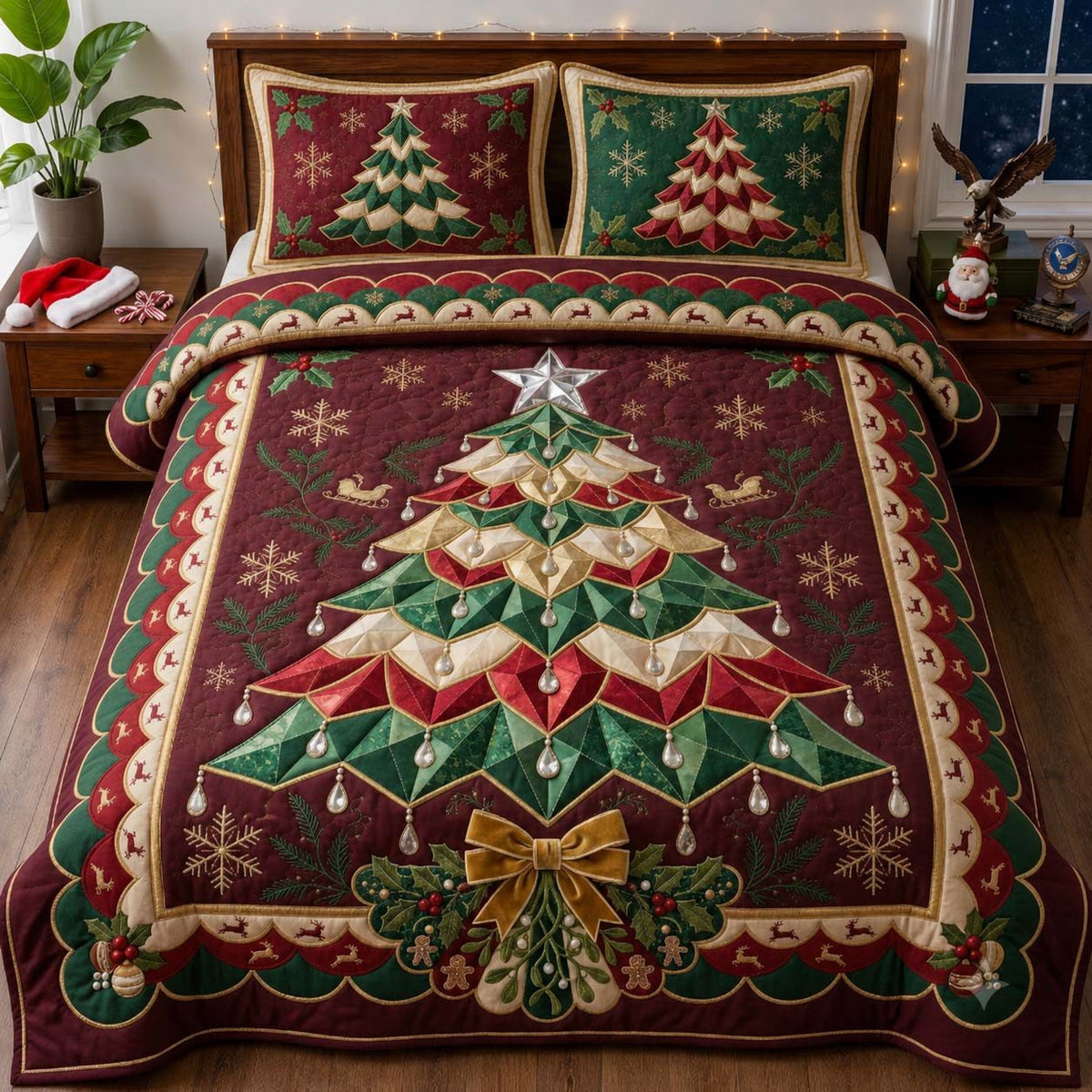 Ruby Poinsettia Christmas Tree quilted 3-piece bedding set on a made bed in a winter-styled bedroom