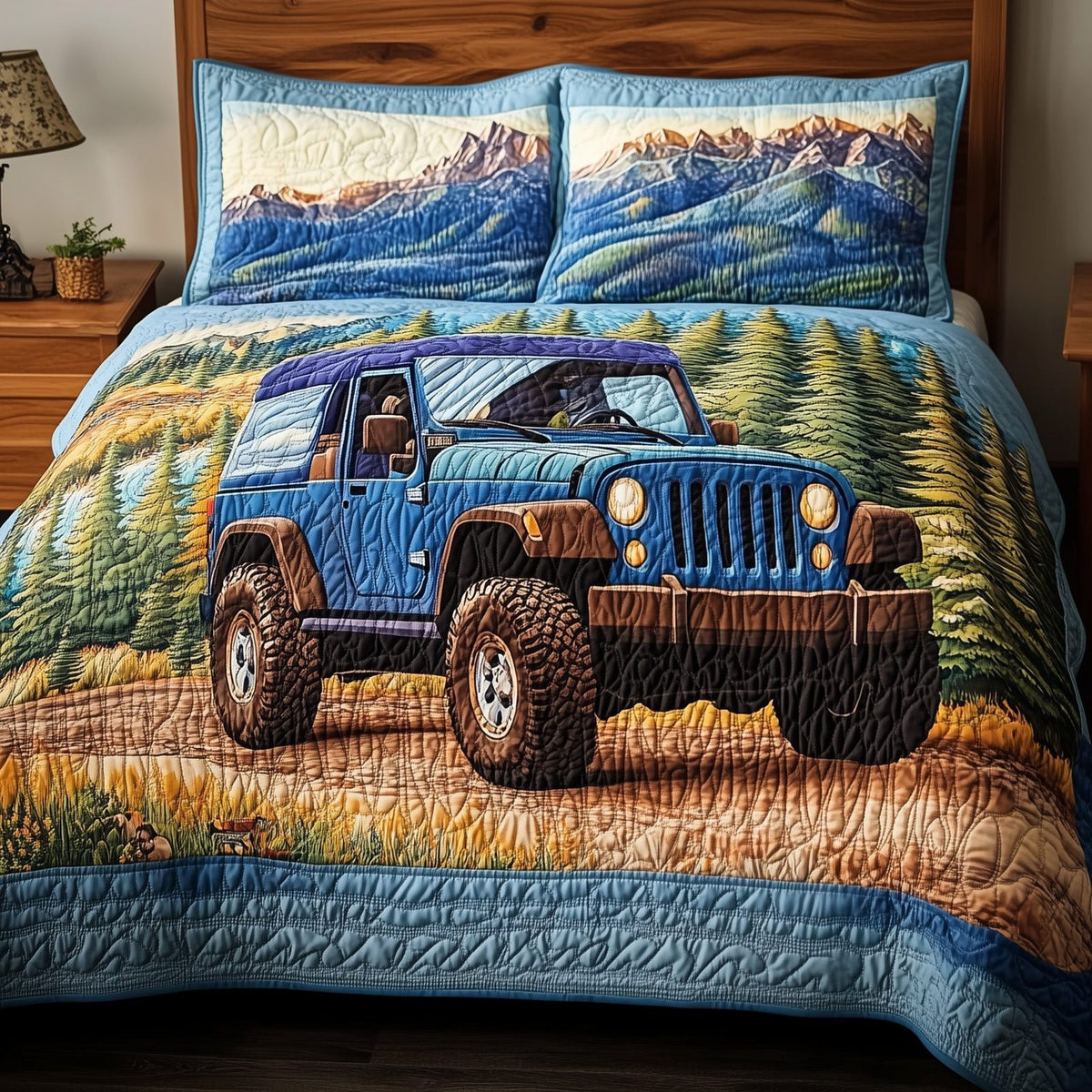 Rugged Adventure quilted 3-piece bedding set on a made bed in a winter-styled bedroom