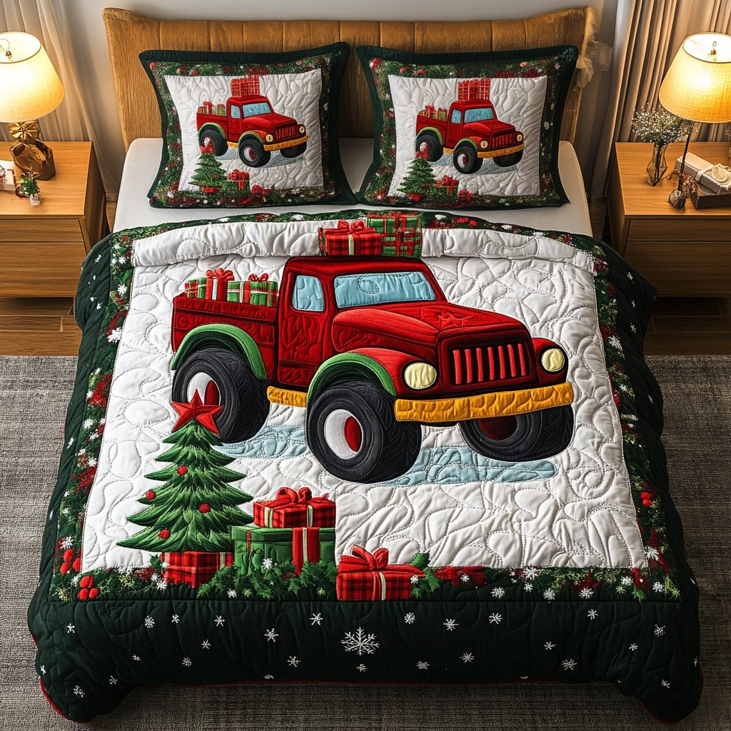 Rugged Holiday quilted 3-piece bedding set on a made bed in a winter-styled bedroom