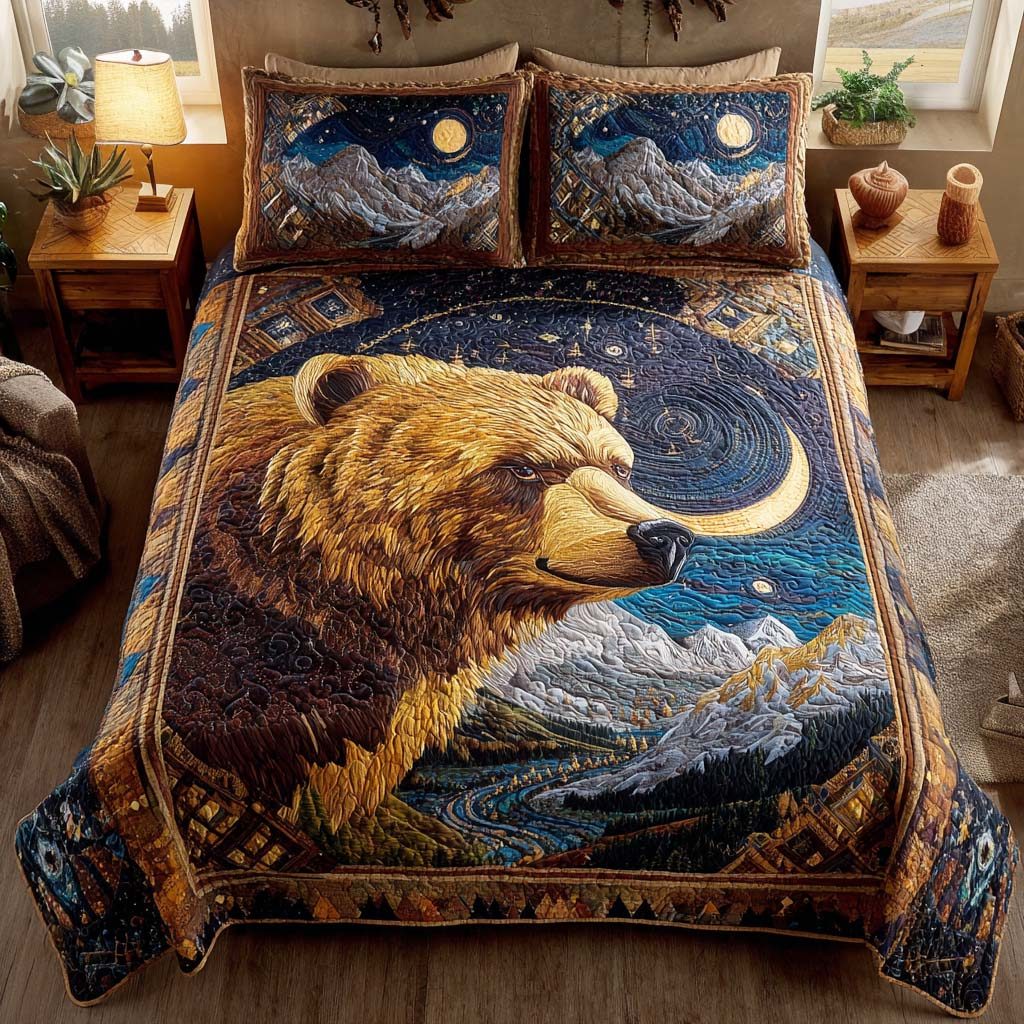 Rugged Hunter quilted 3-piece bedding set on a made bed with two matching pillow shams